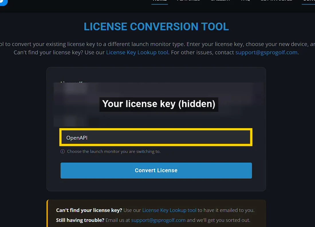 GSPro's License Conversion Tool with Switch To set to OpenAPI
