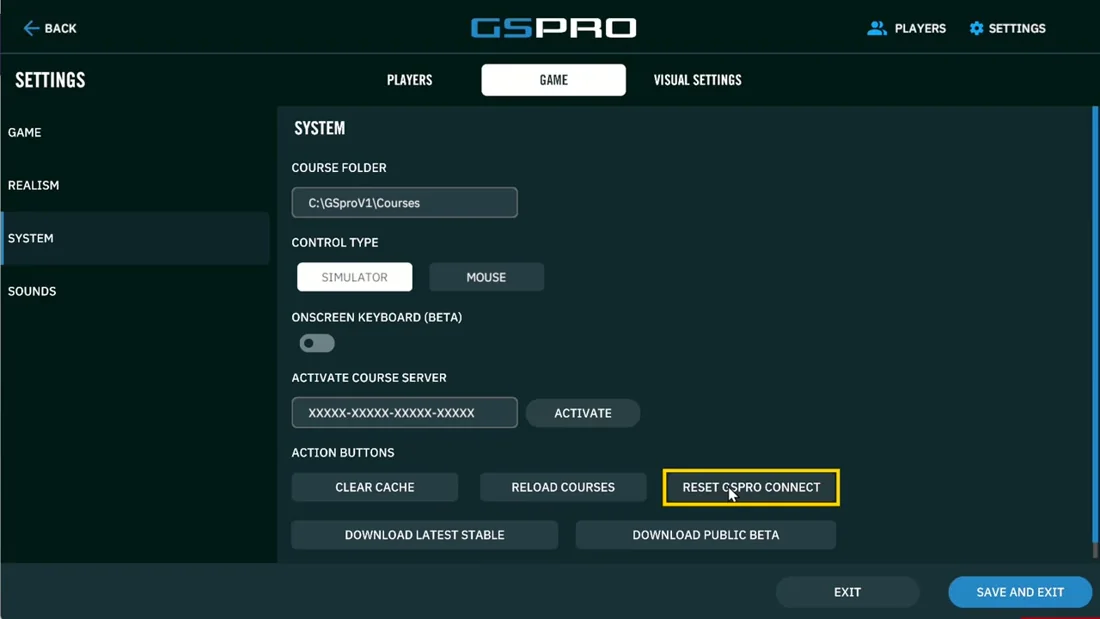 The Reset GSPro Connect button highlighted